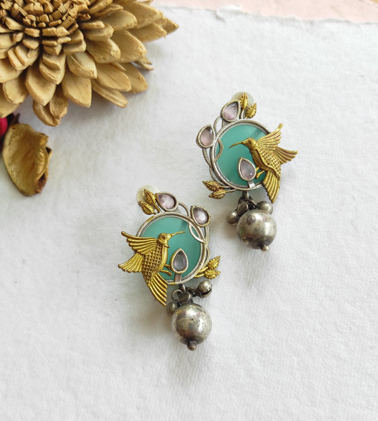 Birdie dualtone studs earrings with monalisa stones DTE2