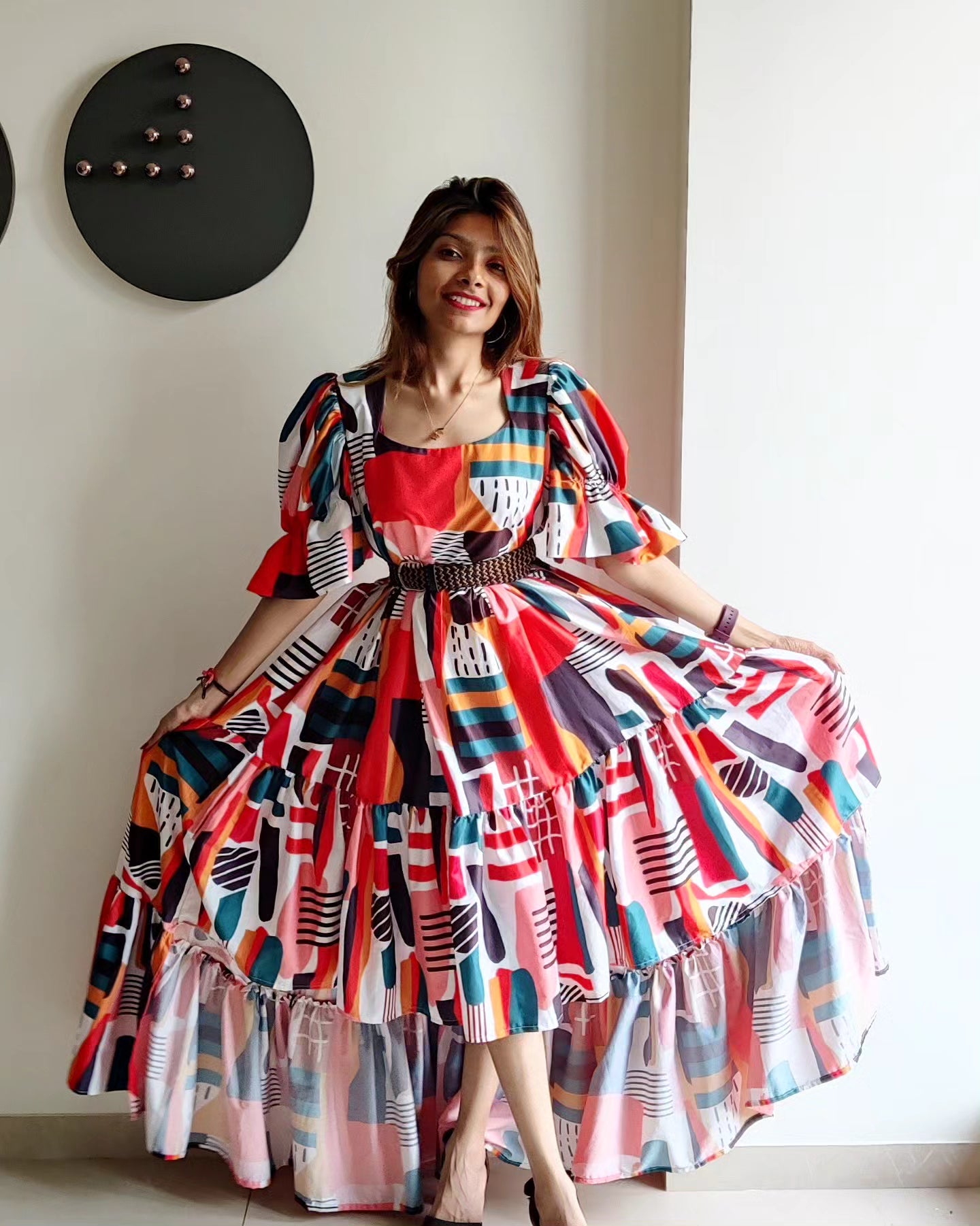 Abstract White High Low Dress