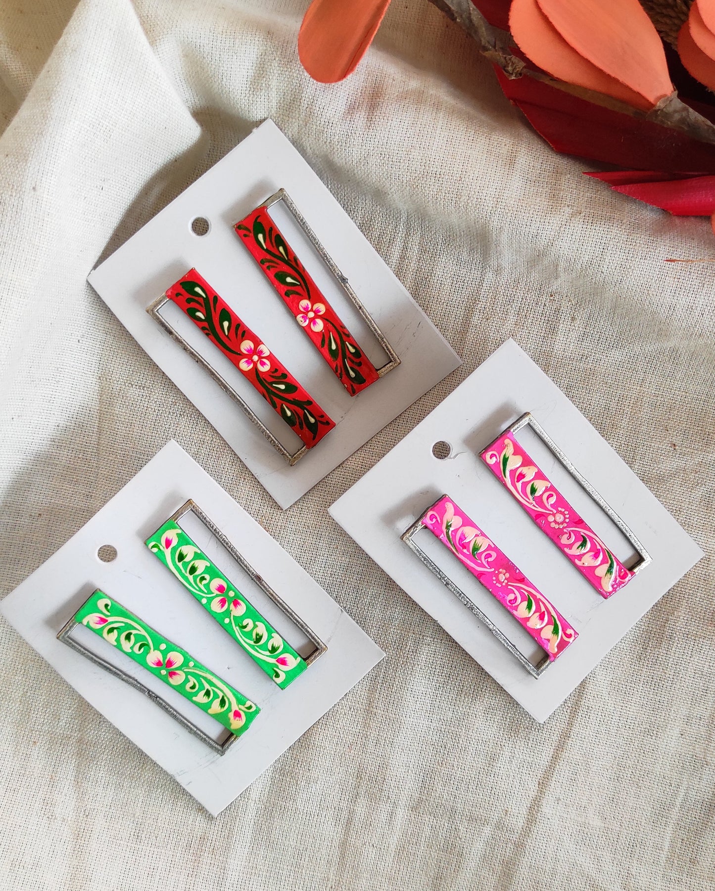 Rectangular hand painted silver lookalike studs earrings