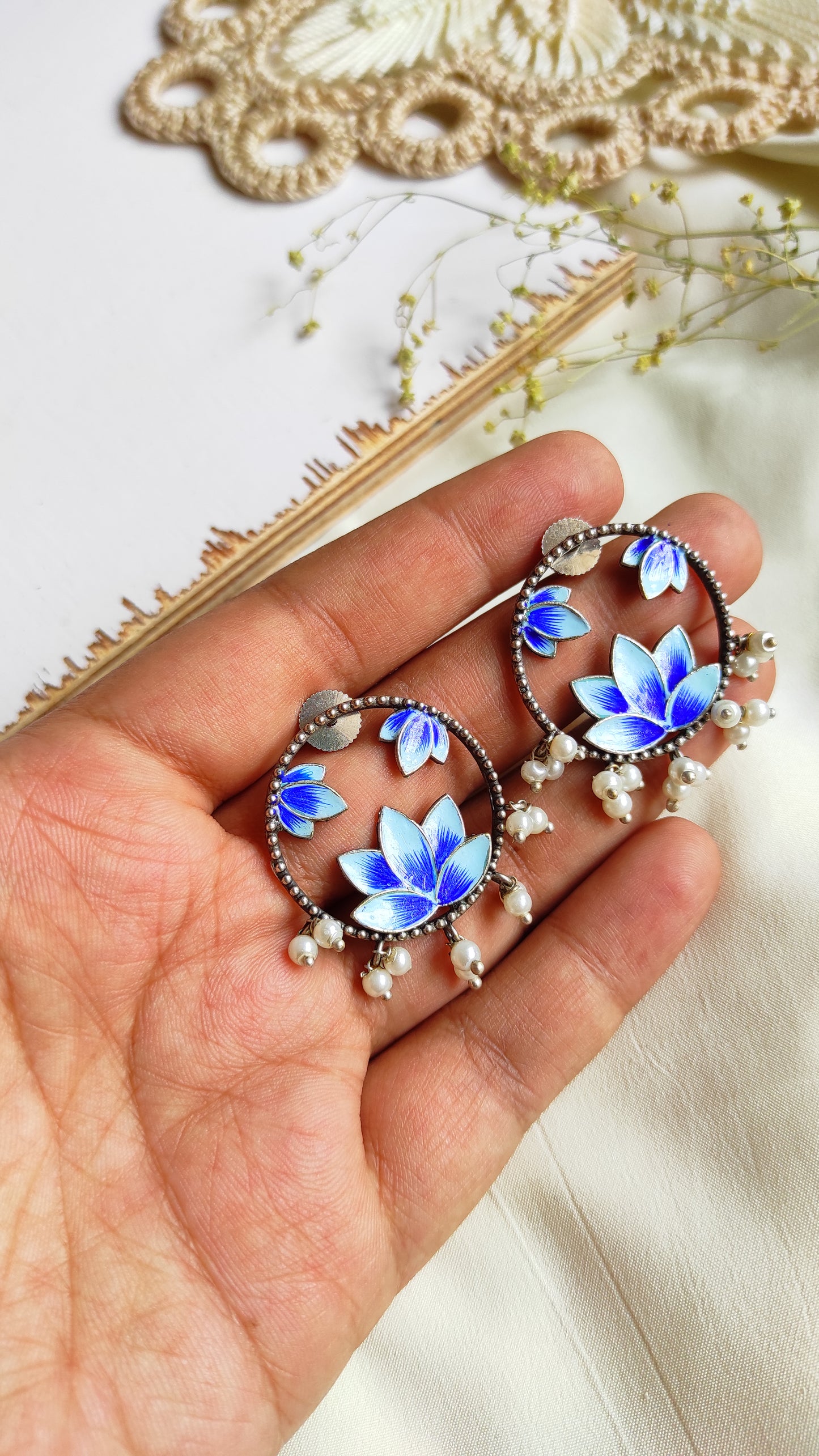 Hand painted lotus studs earrings