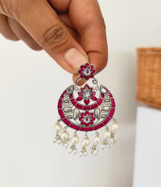 Sanjana enameled chandbali with hanging pearls
