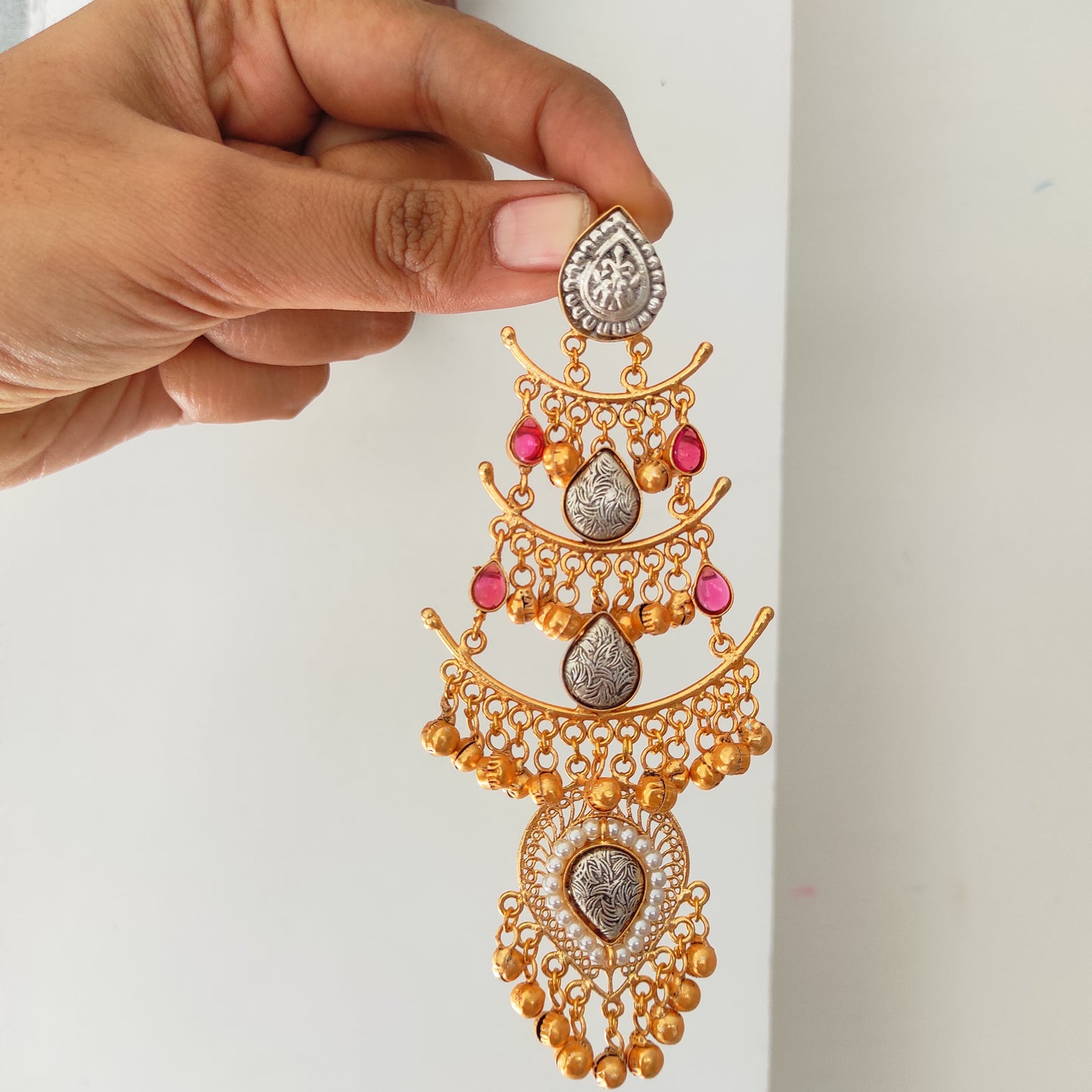 Chenab dualtone long kashmiri earrings with ghunghru