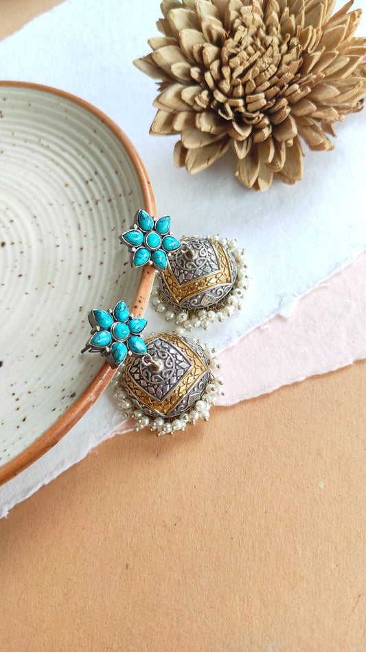 Turquoise floral dualtone jhumka