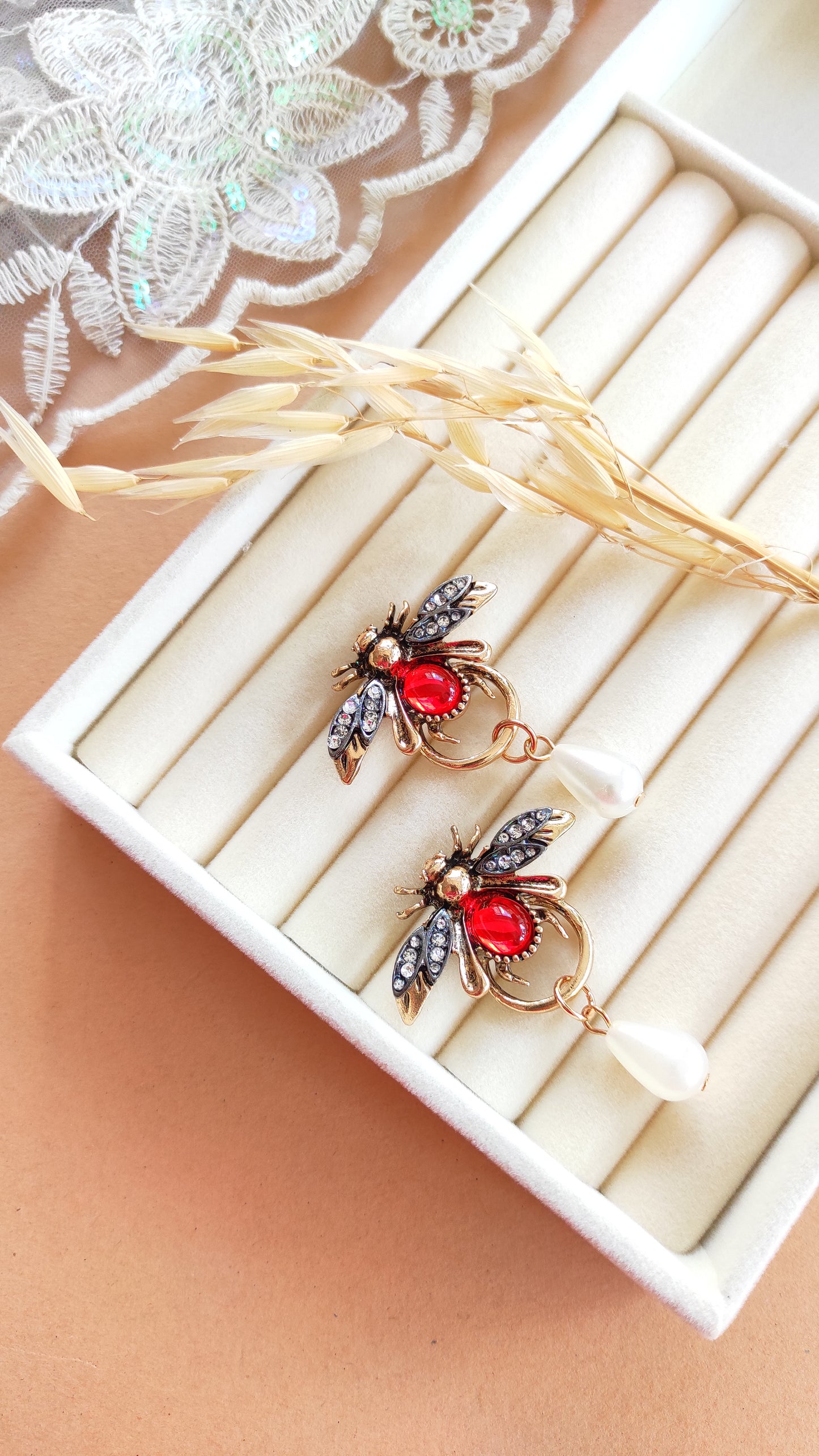 Quirky Red Bee with pearl