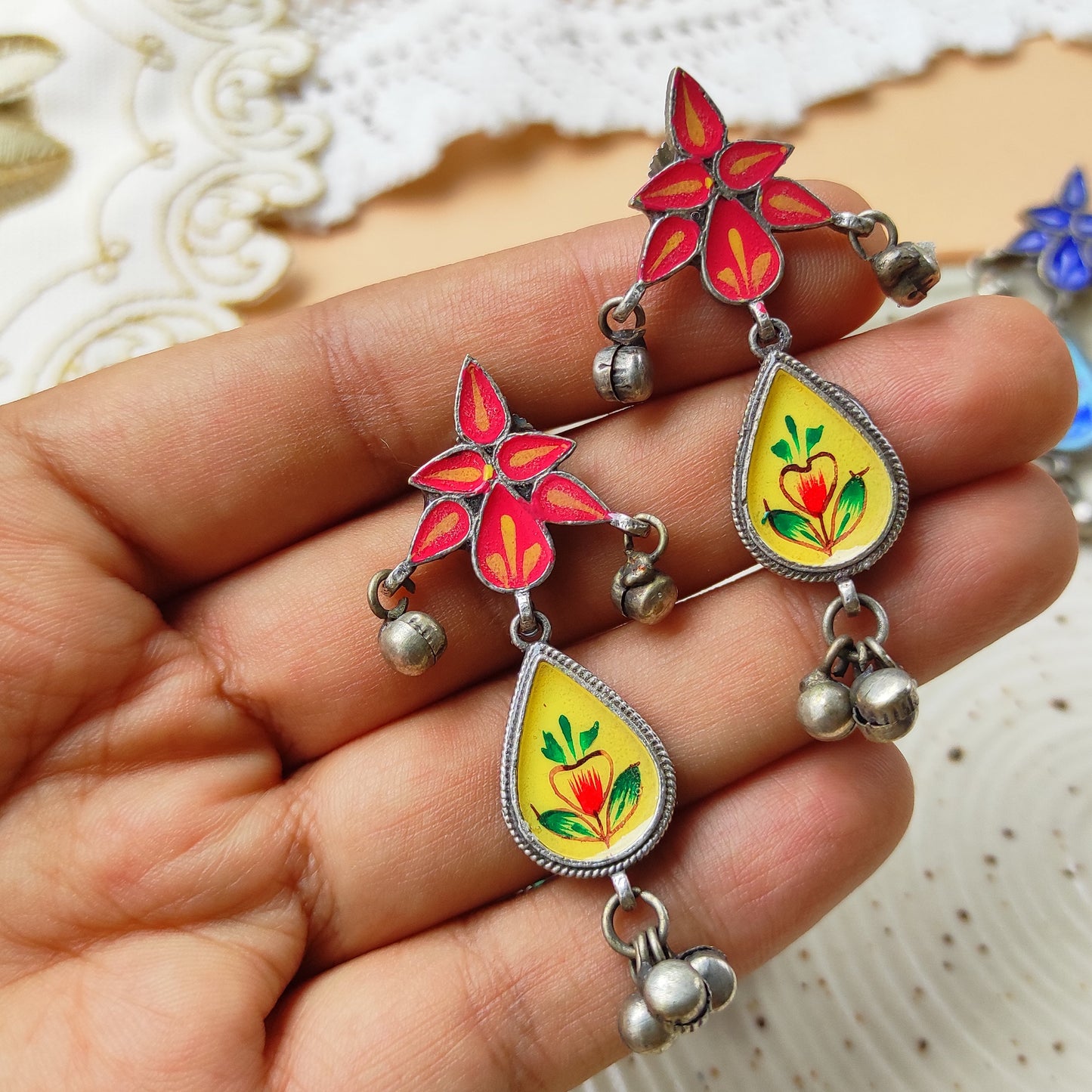 Naira hand painted ghunghru silver replica earrings