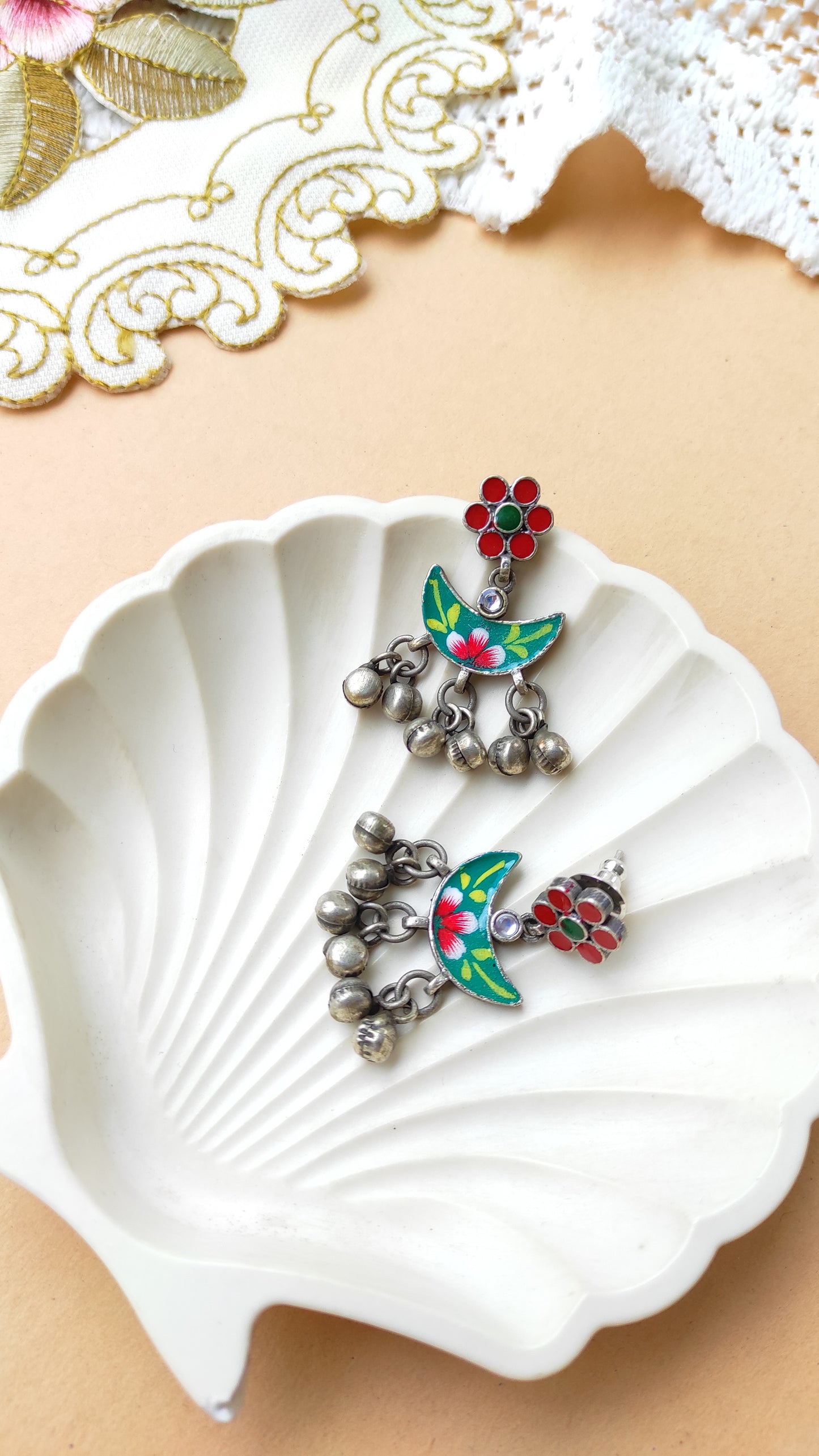 Kaira hand painted ghunghru silver replica earrings