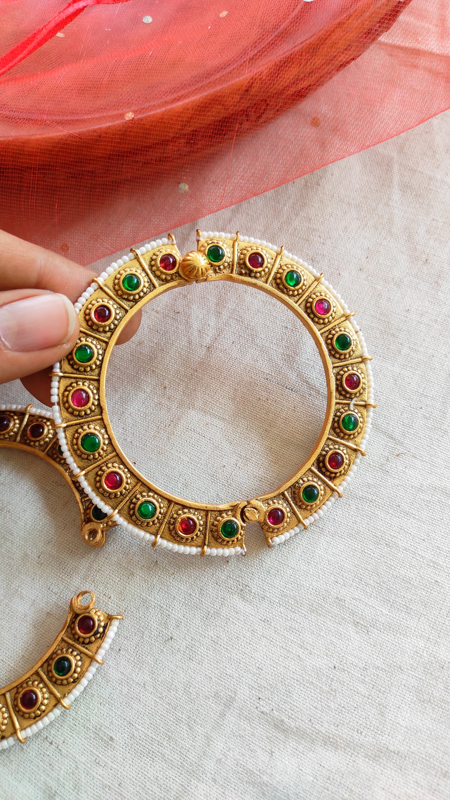 Sumati red green Antique gold bangles with screw opening