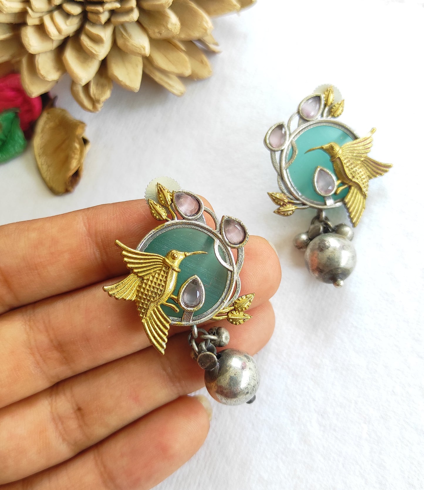 Birdie dualtone studs earrings with monalisa stones DTE2