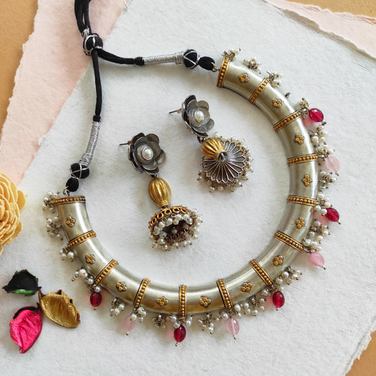 Naveena Dual tone hasli necklace with jhumka