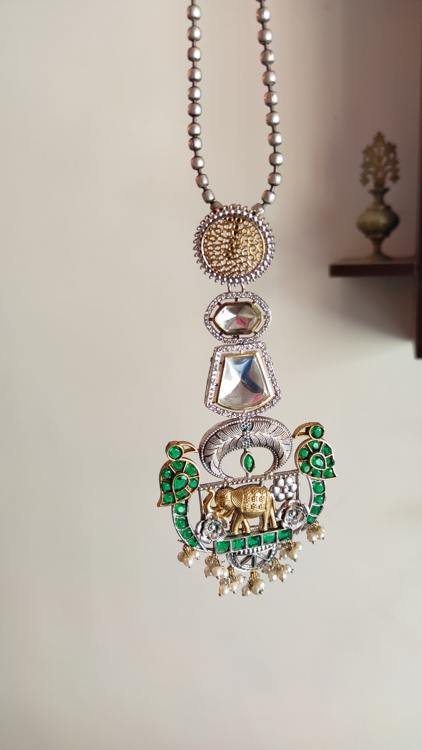 Devyani Moissanite green dual tone necklace