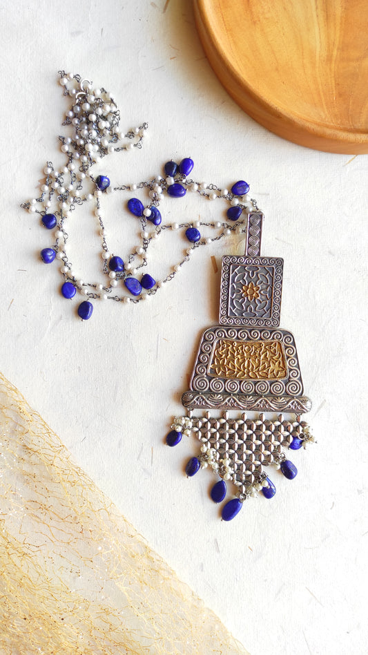 Neela dual tone long pearl chain necklace