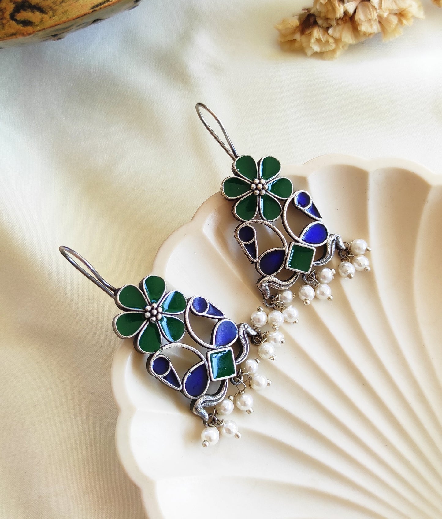 Greeva enameled ghunghru hook earrings