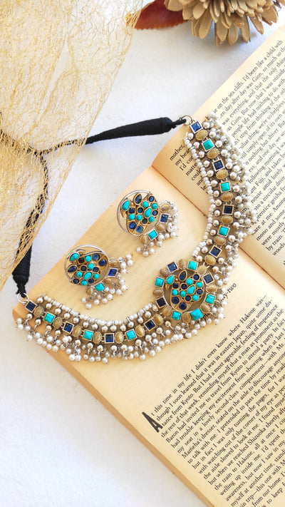 Blue turquoise dual tone necklace set