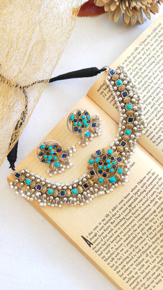 Blue turquoise dual tone necklace set