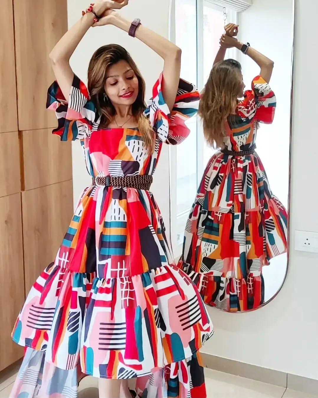 Abstract White High Low Dress