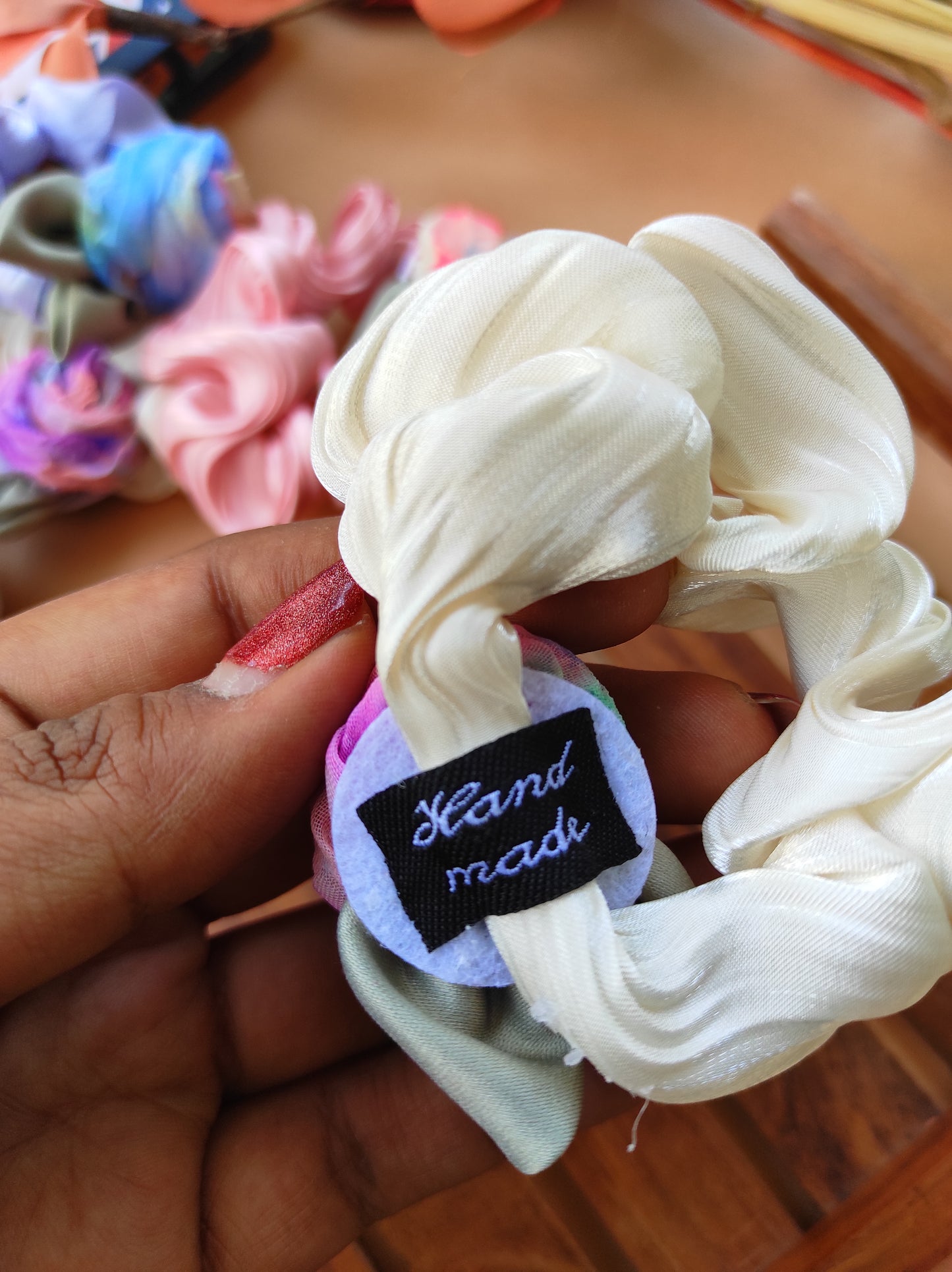 Rosy handmade satin scrunchy