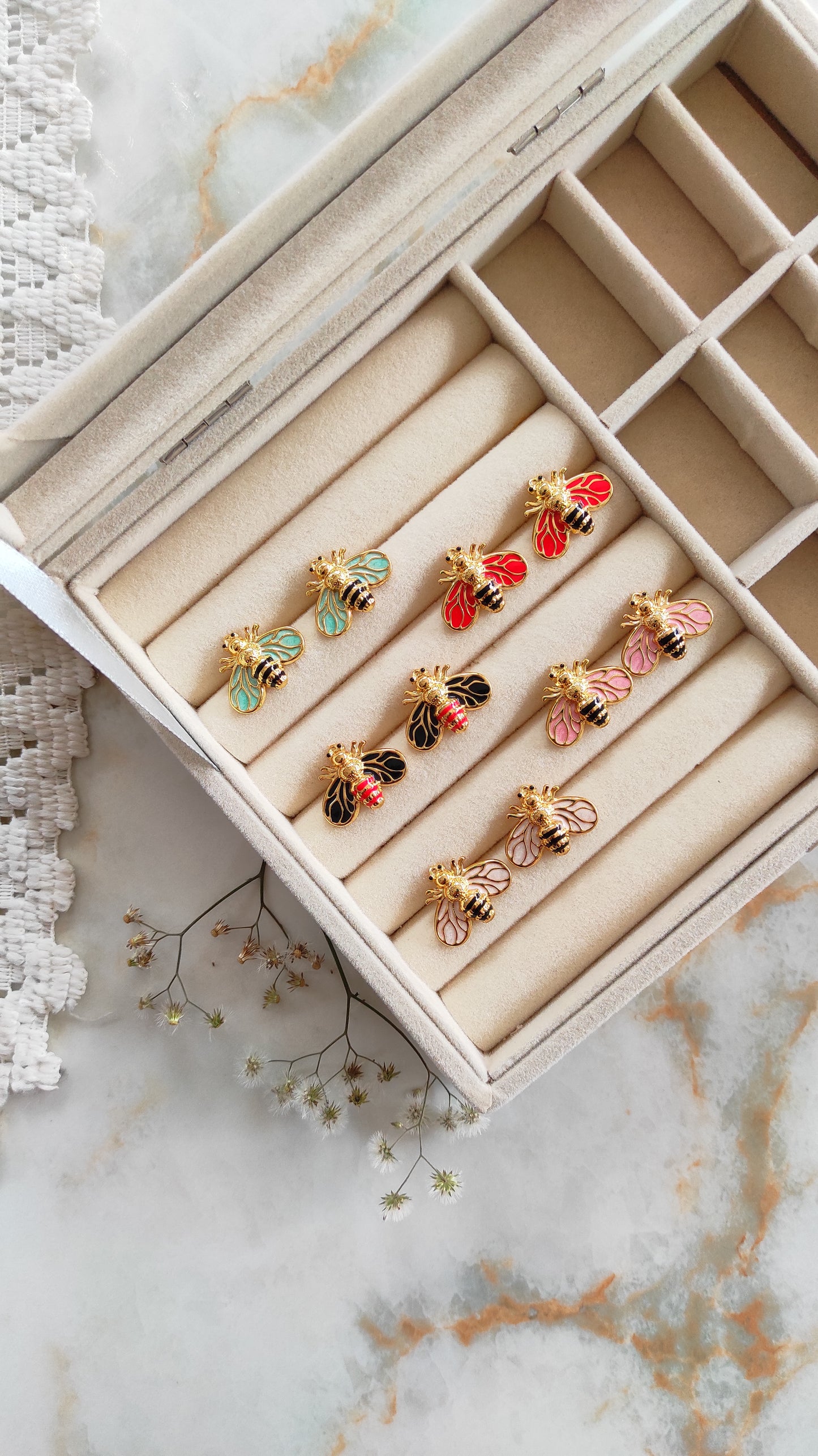 Enameled bee earrings