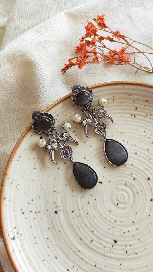 Peacock silver lookalike long earrings