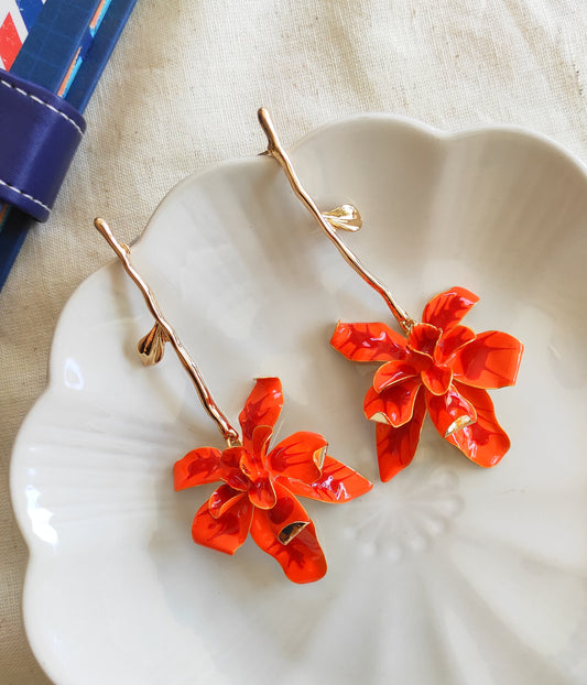 Orange hanging flower earrings