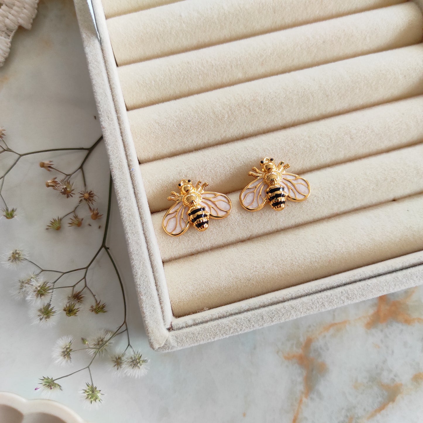 Enameled bee earrings