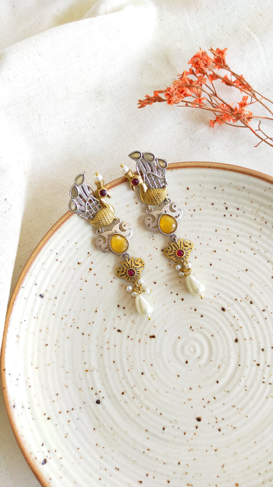 Yellow peacock dualtone earrings