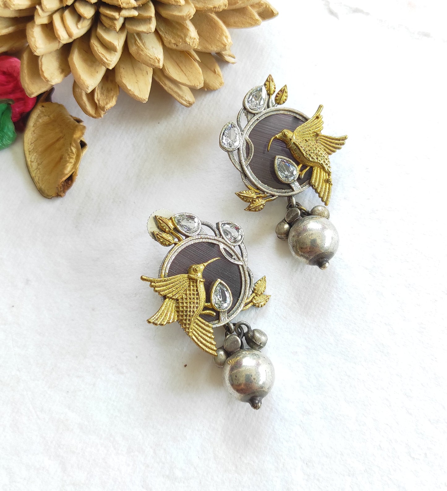 Birdie dualtone studs earrings with monalisa stones DTE2