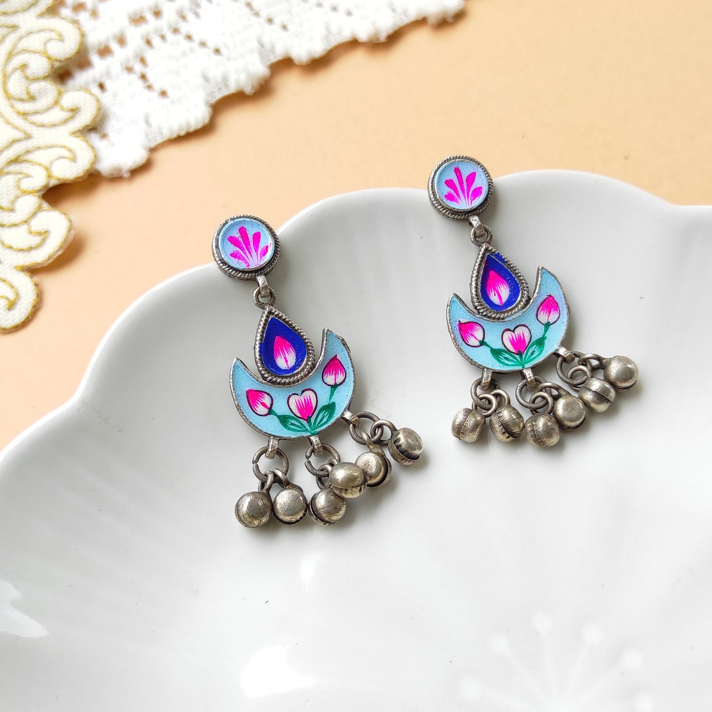 Jhilmil hand painted ghunghru silver replica earrings