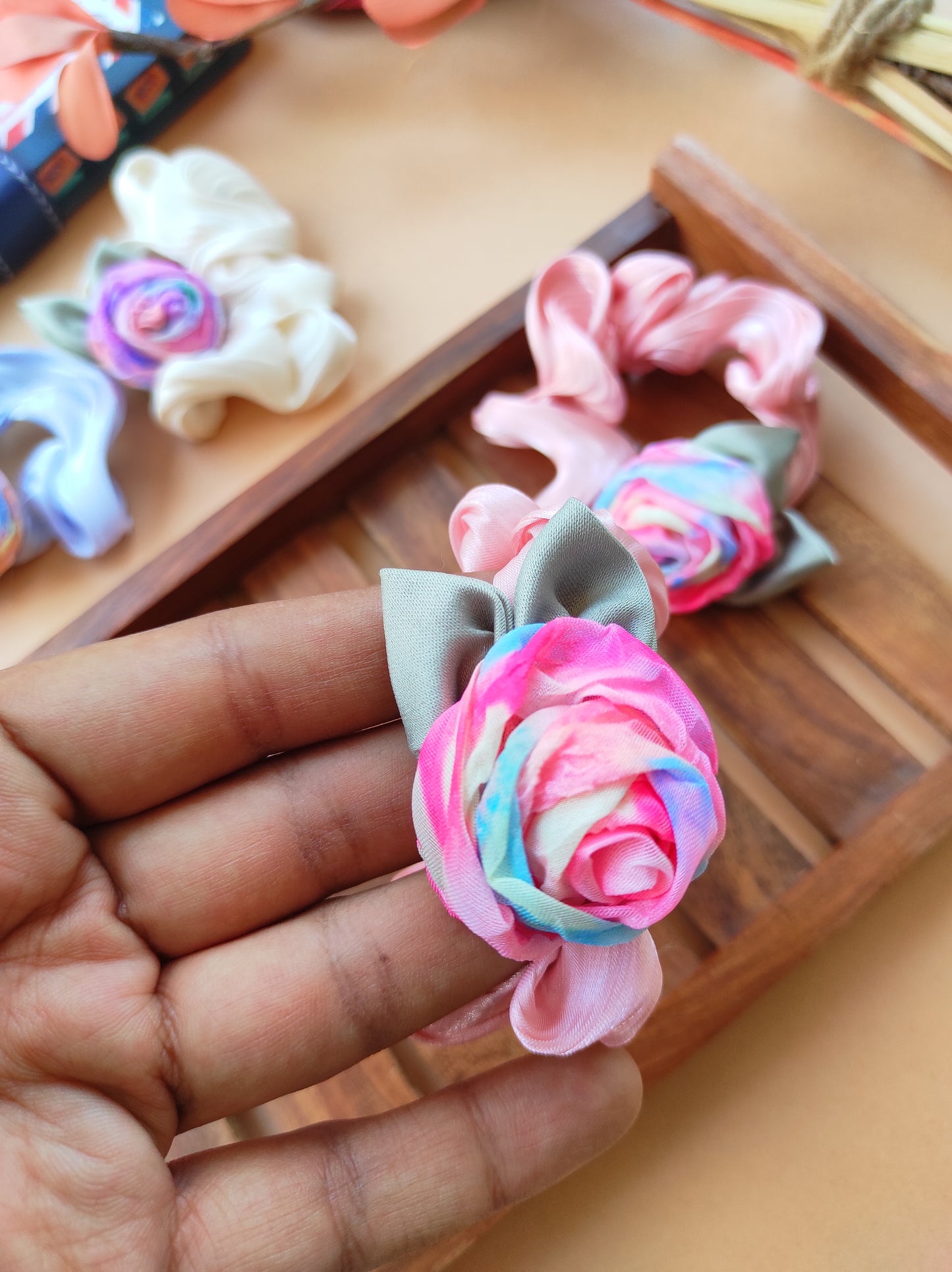 Rosy handmade satin scrunchy