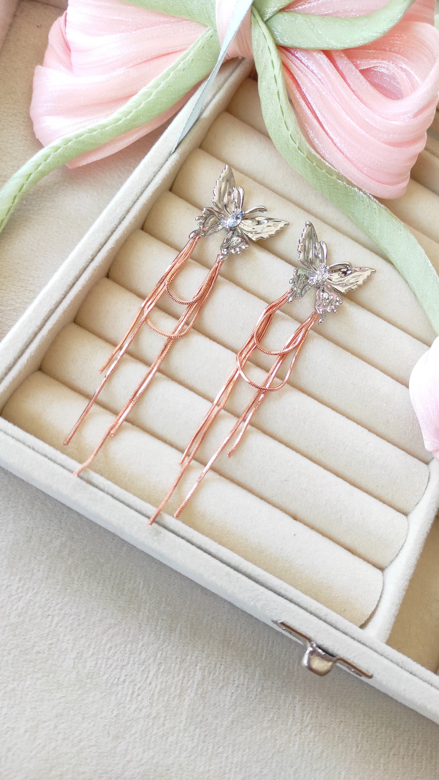 Silver Butterfly with Rose Gold Hanging Earrings