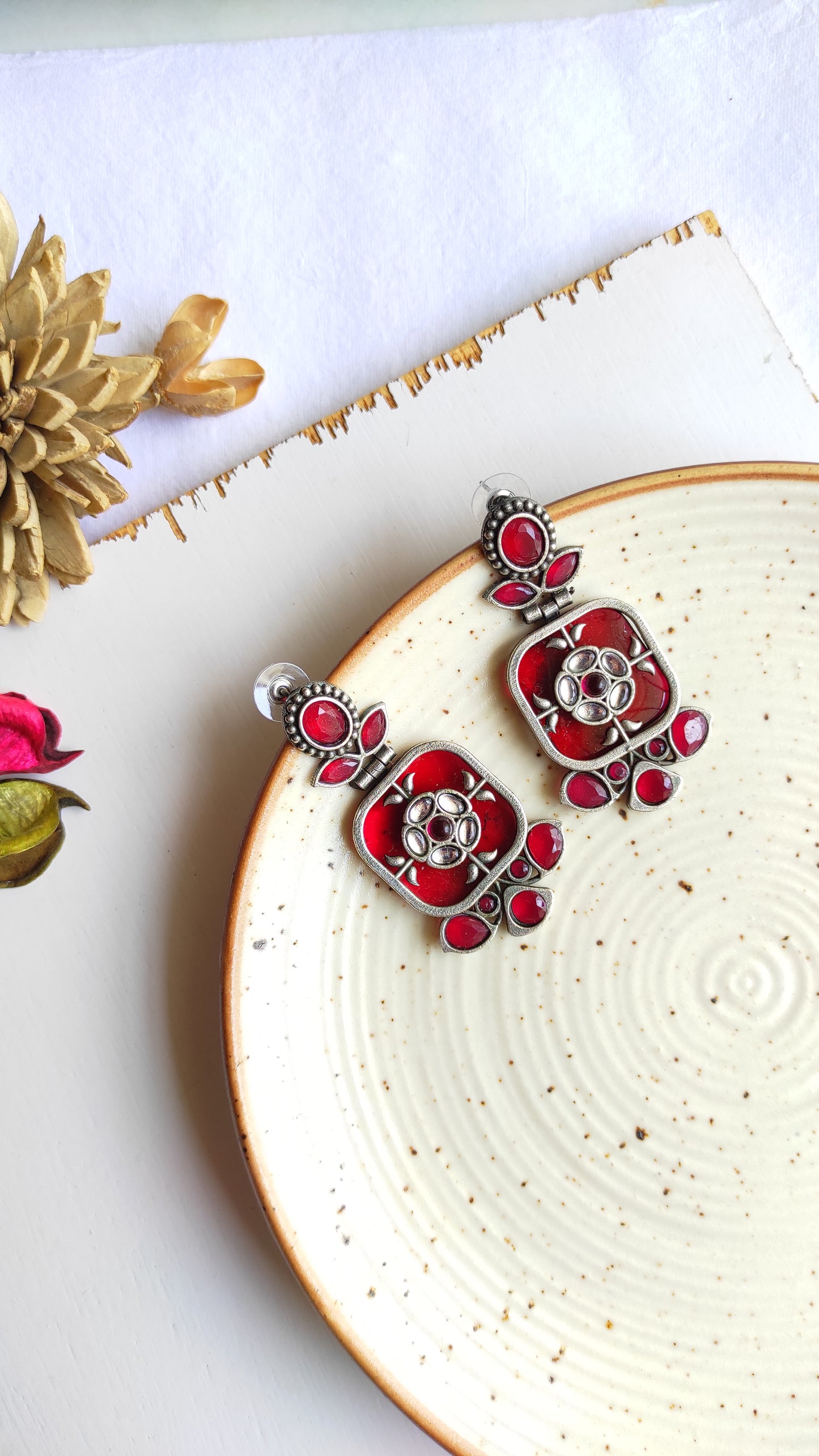 Red monalisa silver lookalike earrings