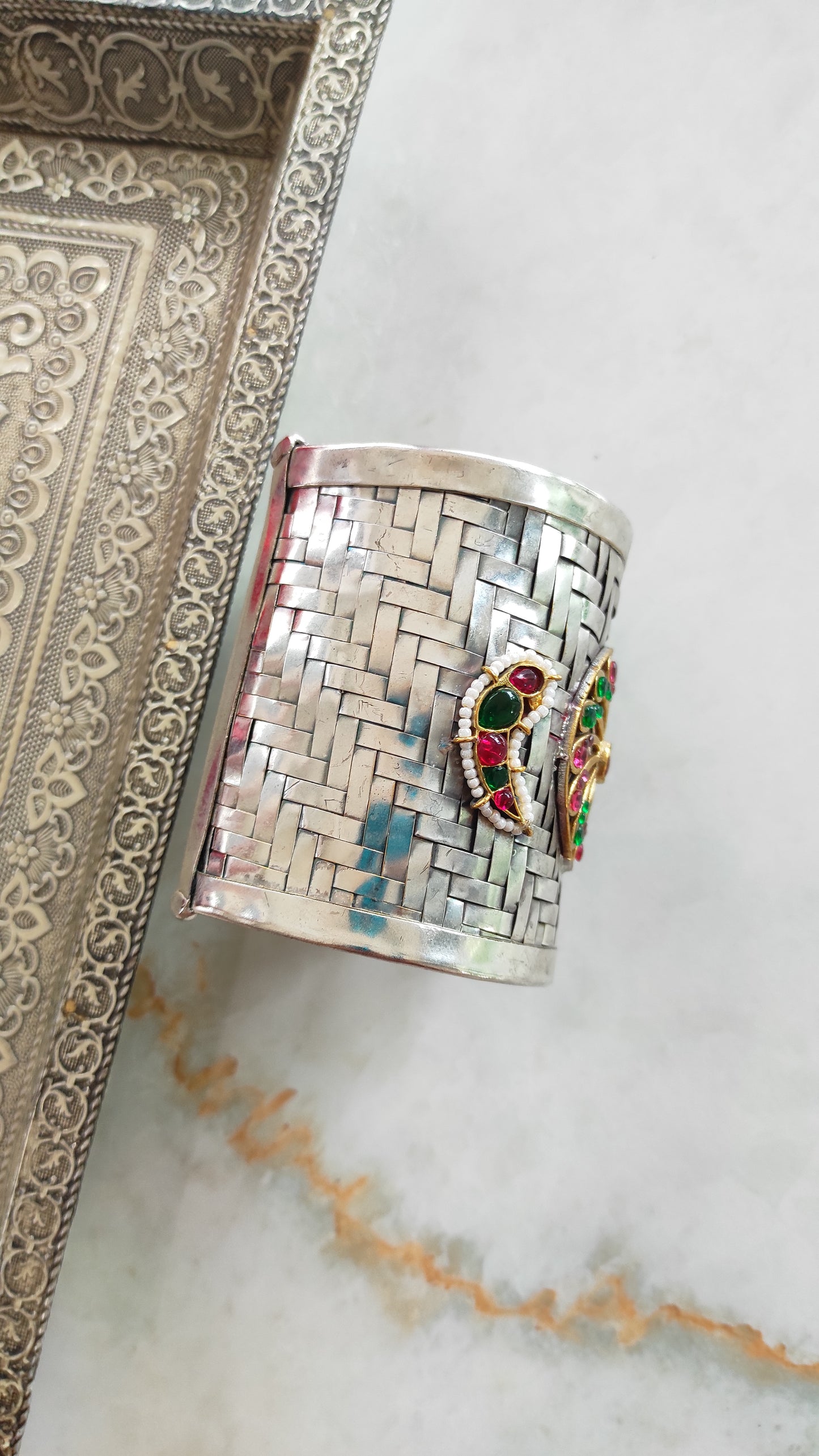 Handmade silver plated rajwadi kada cuff bracelet