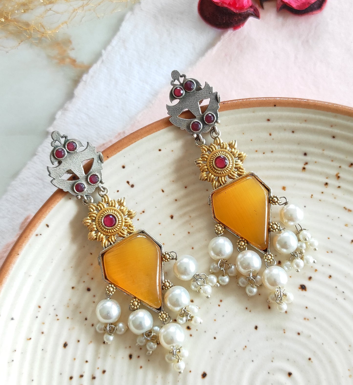 Sanju dualtone earrings with monalisa stones and hanging pearls