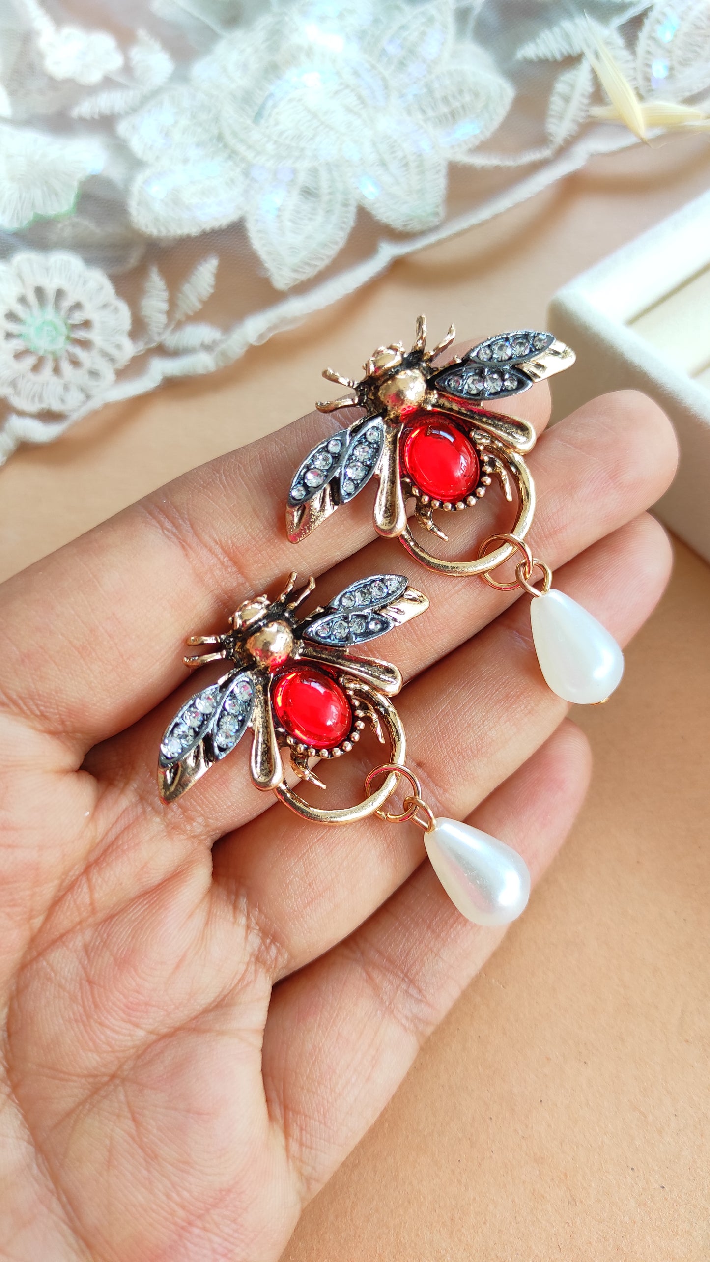 Quirky Red Bee with pearl