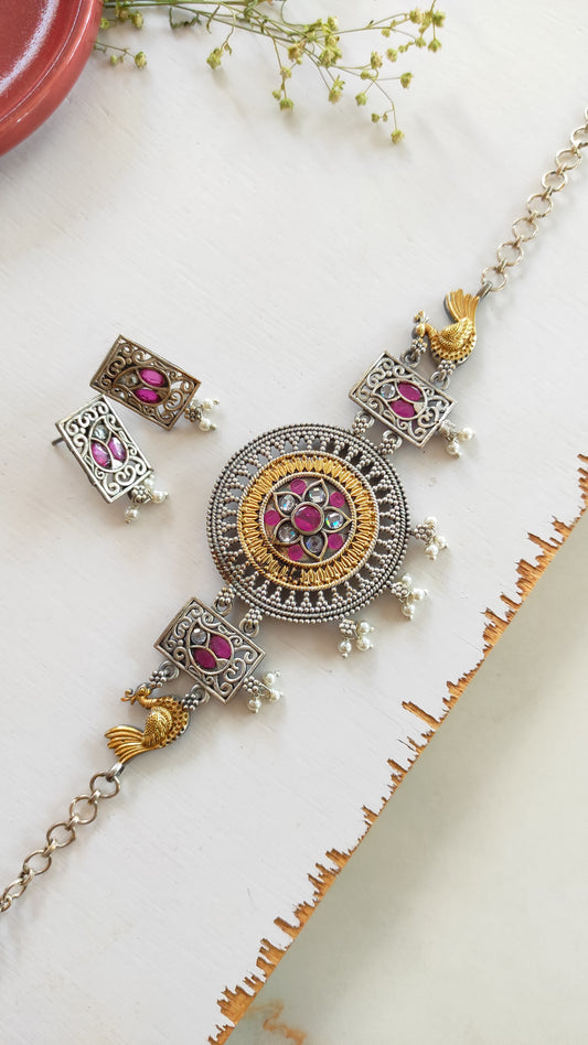 Bindu dual tone choker set in ruby