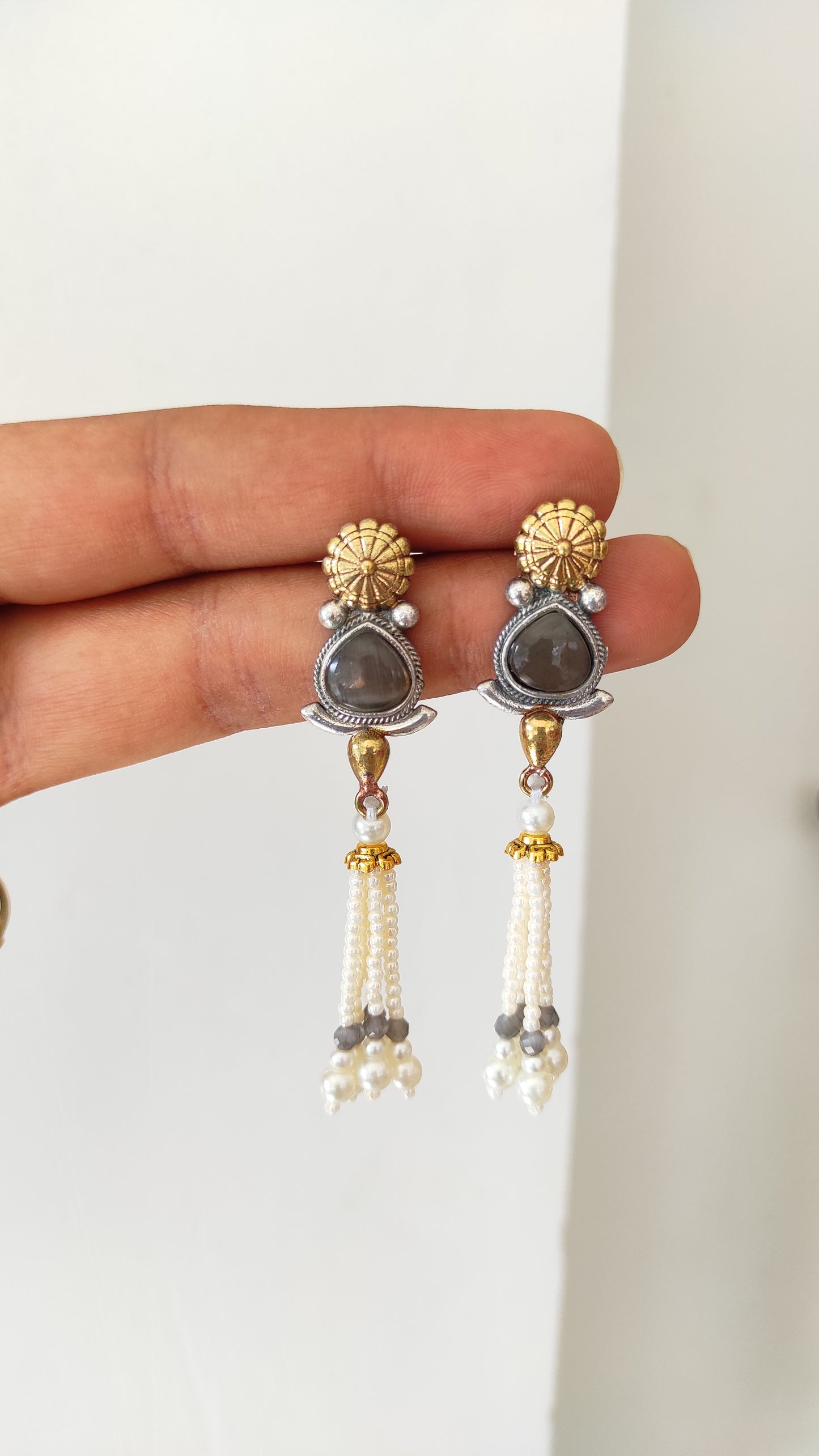 Beaded tassels dual tone long earrings