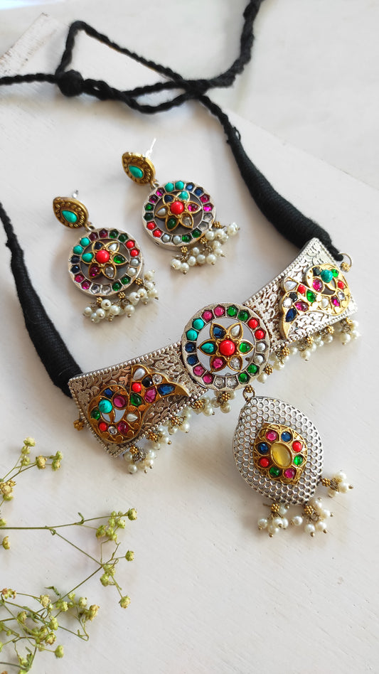 Pernia choker set in navratna colors