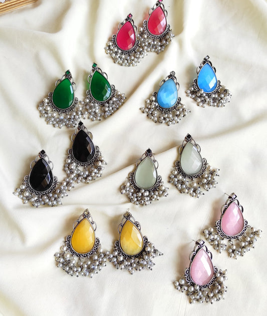Tear drop studs with color stones and pearl hangings