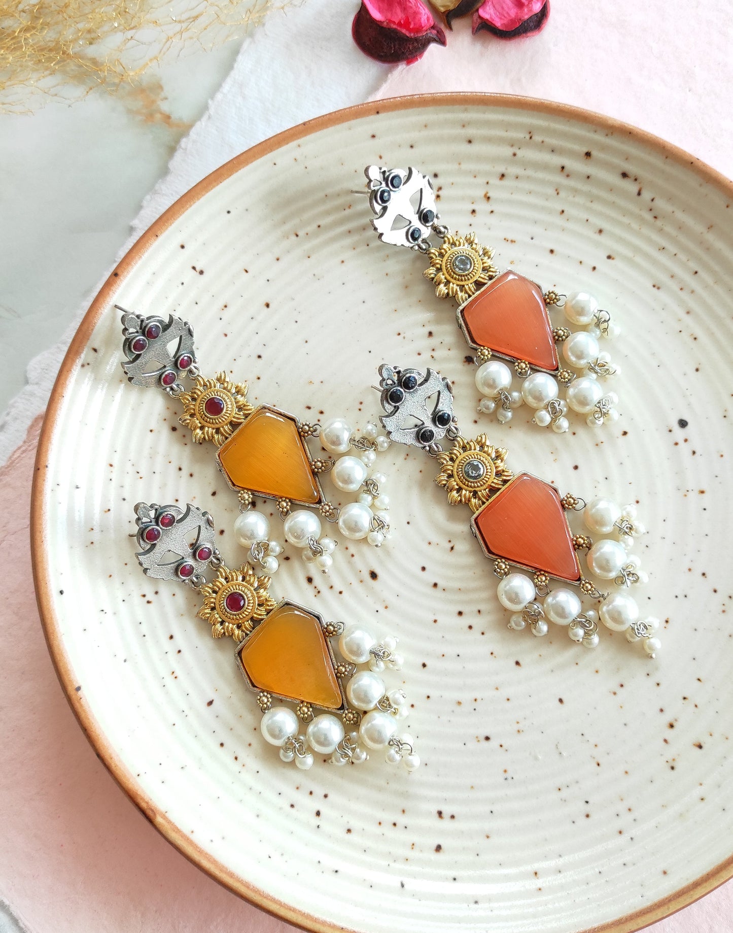 Sanju dualtone earrings with monalisa stones and hanging pearls