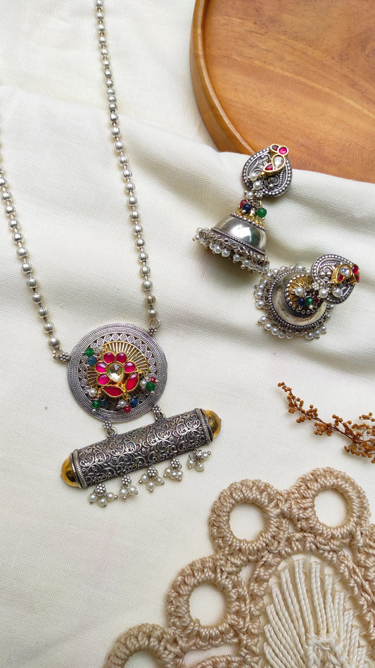 Sridha long pendant with chain and Jhumka set