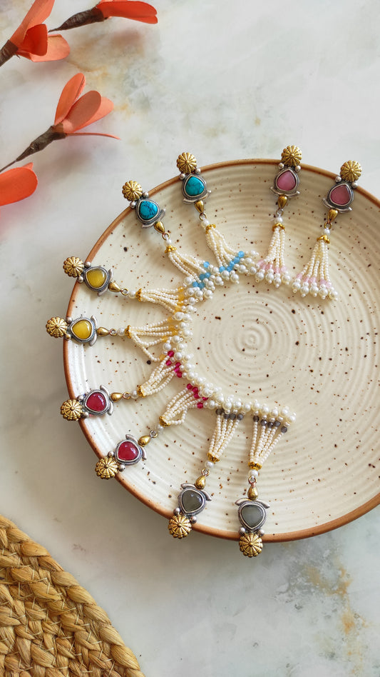 Beaded tassels dual tone long earrings