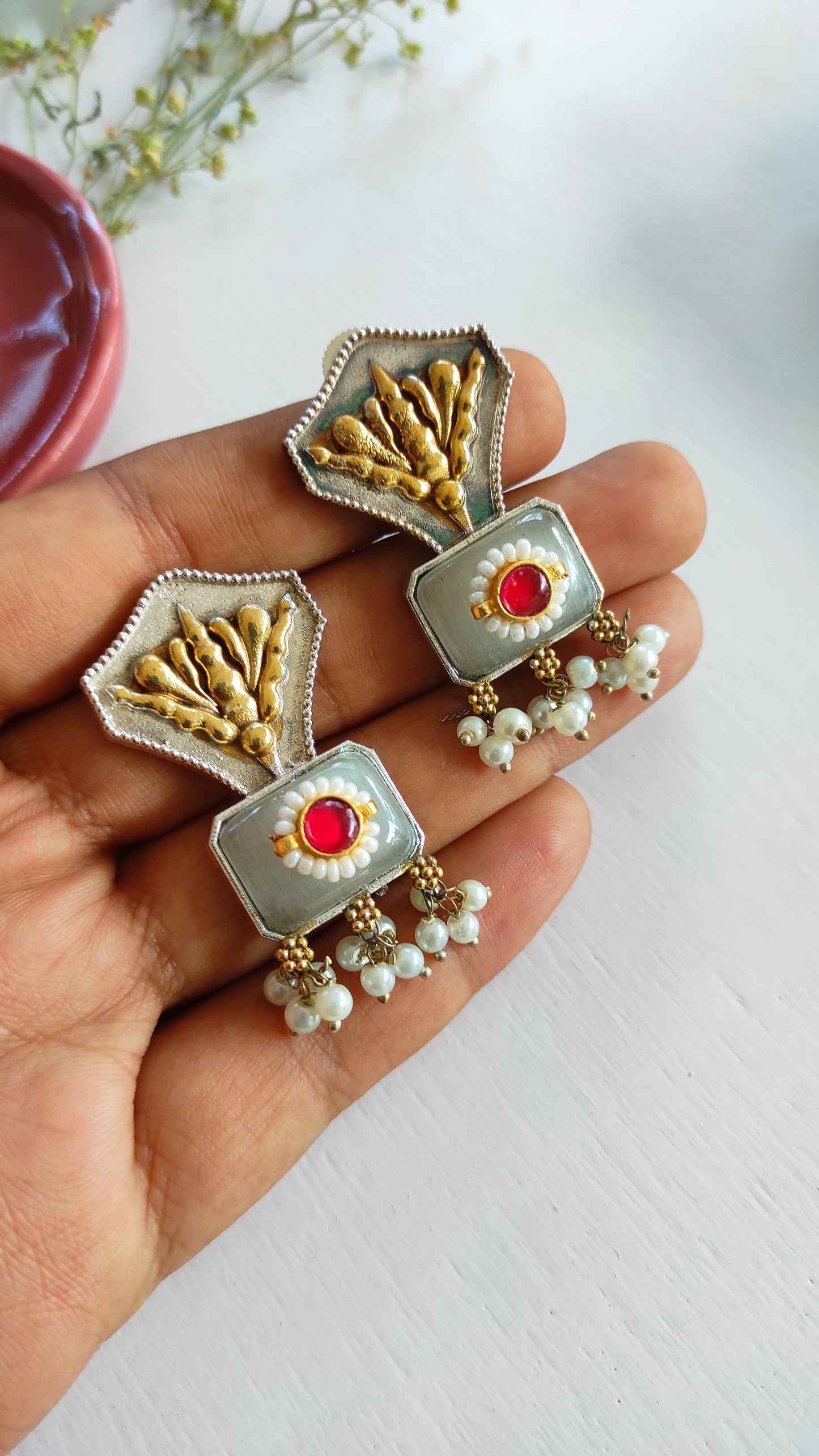 Megha white dual tone long necklace set