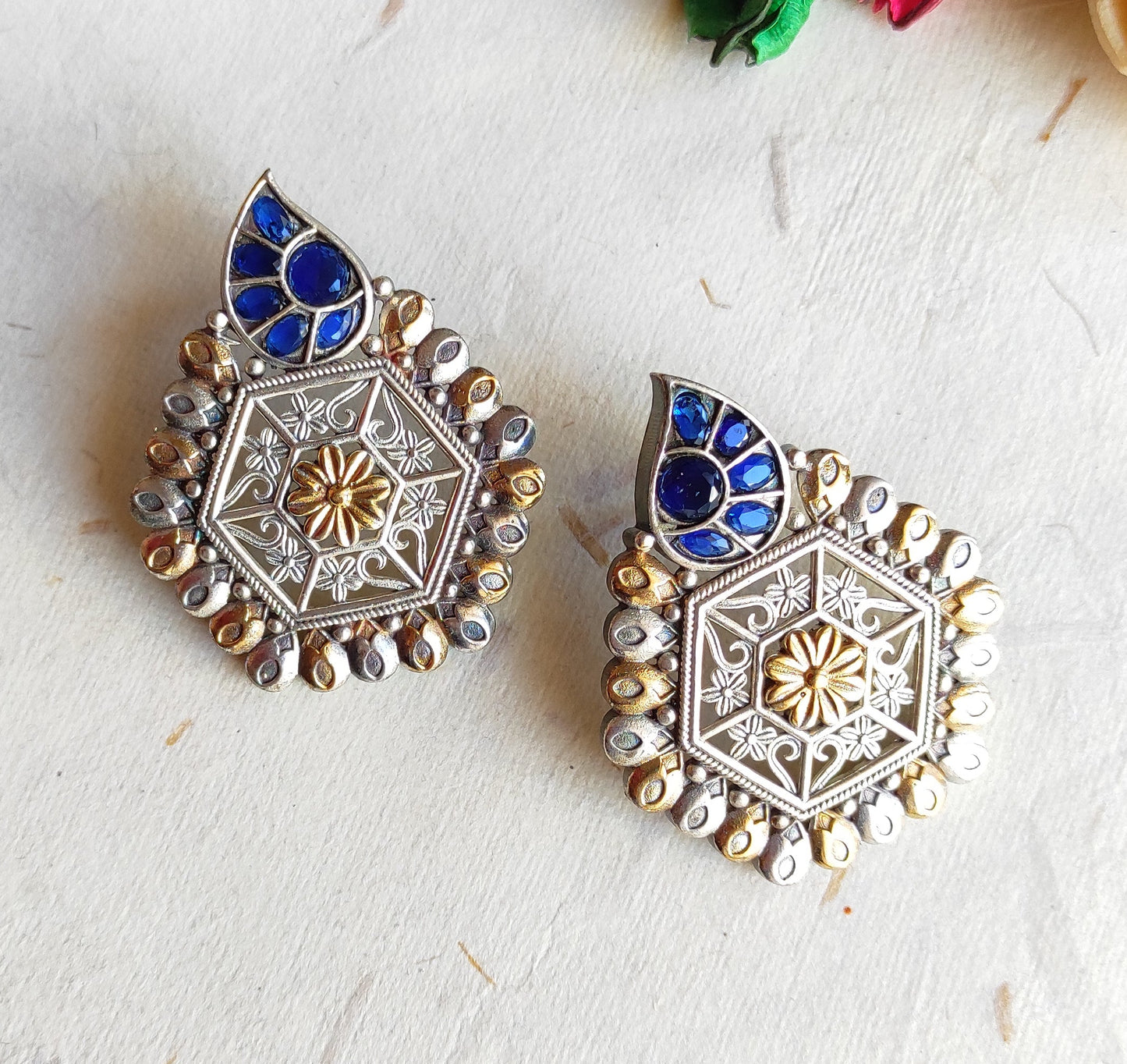 Hexagonal dualtone studs earrings with premium glass stones