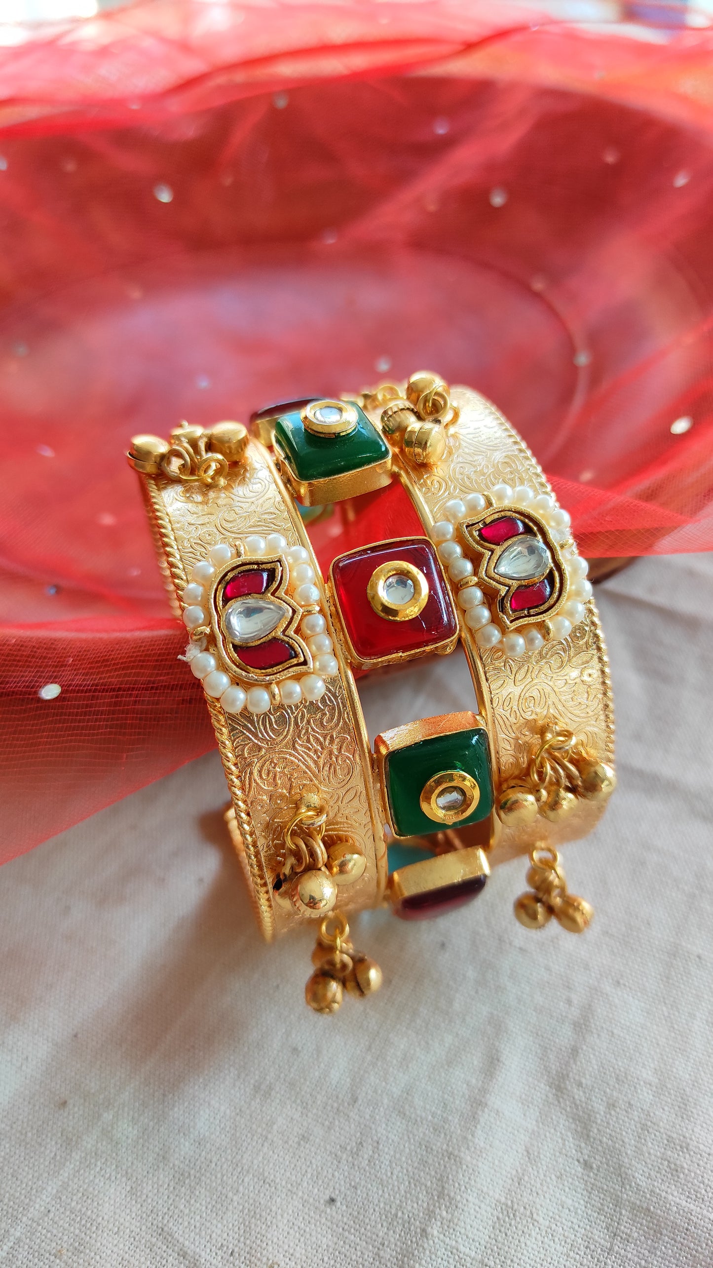 Pratigya kundan kada with ghunghru openable cuff bracelet