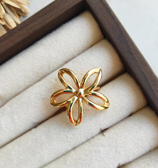 Floral gold plated adjustable finger ring