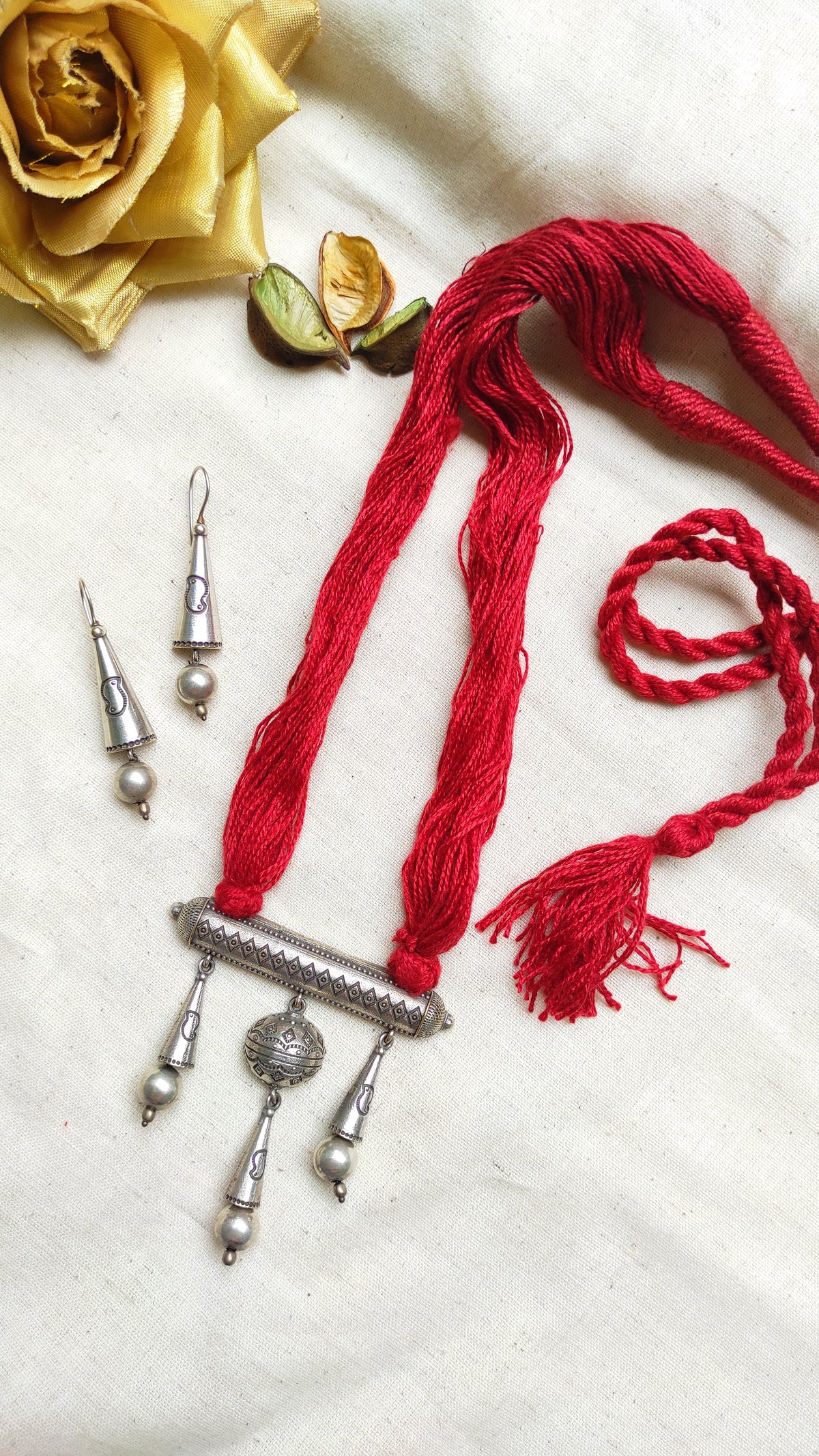 Tribal silver lookalike long neckpiece