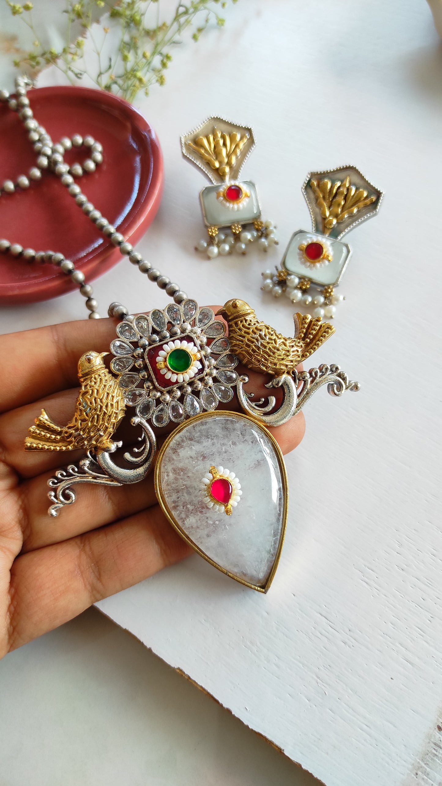 Megha white dual tone long necklace set