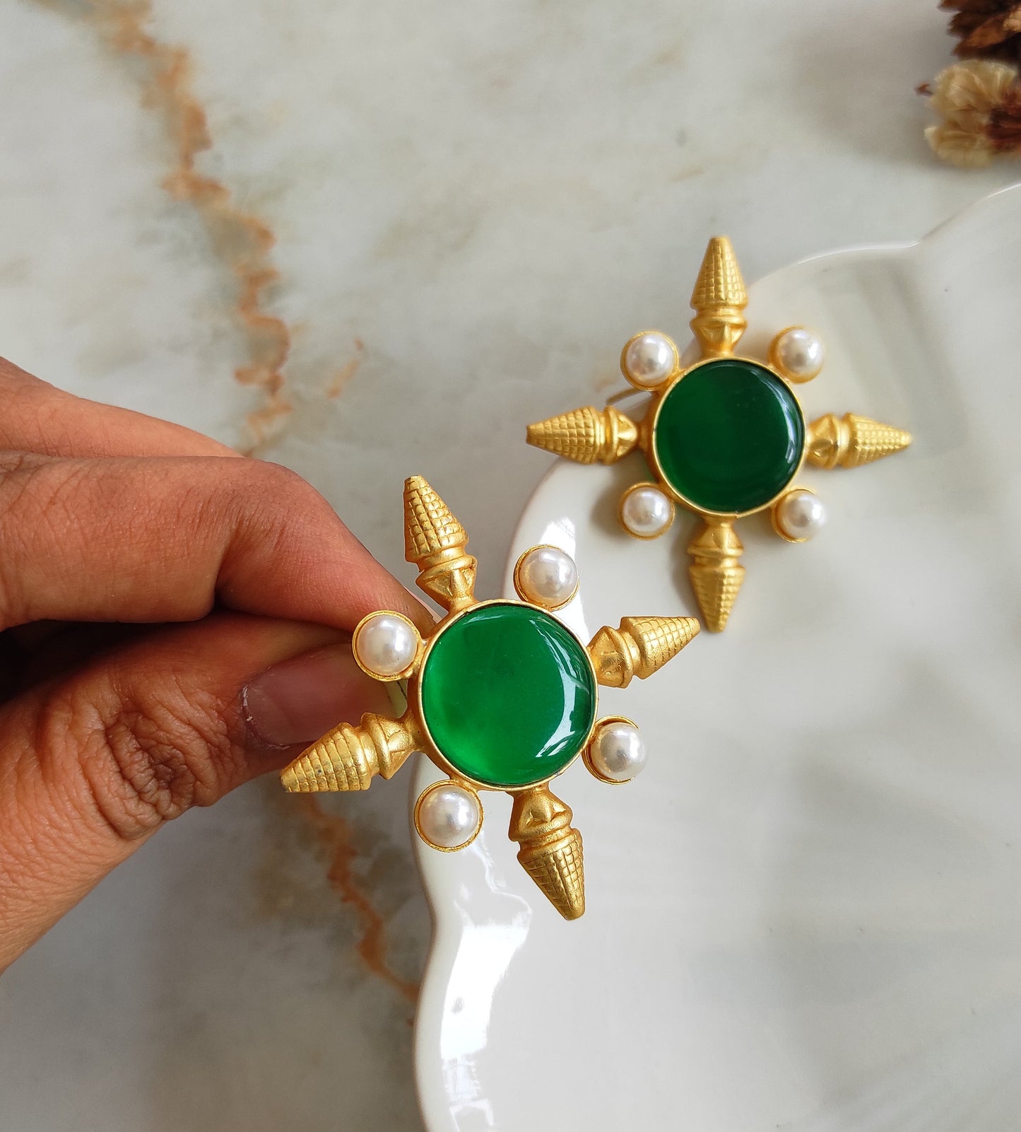 Green bindu golden studs earrings
