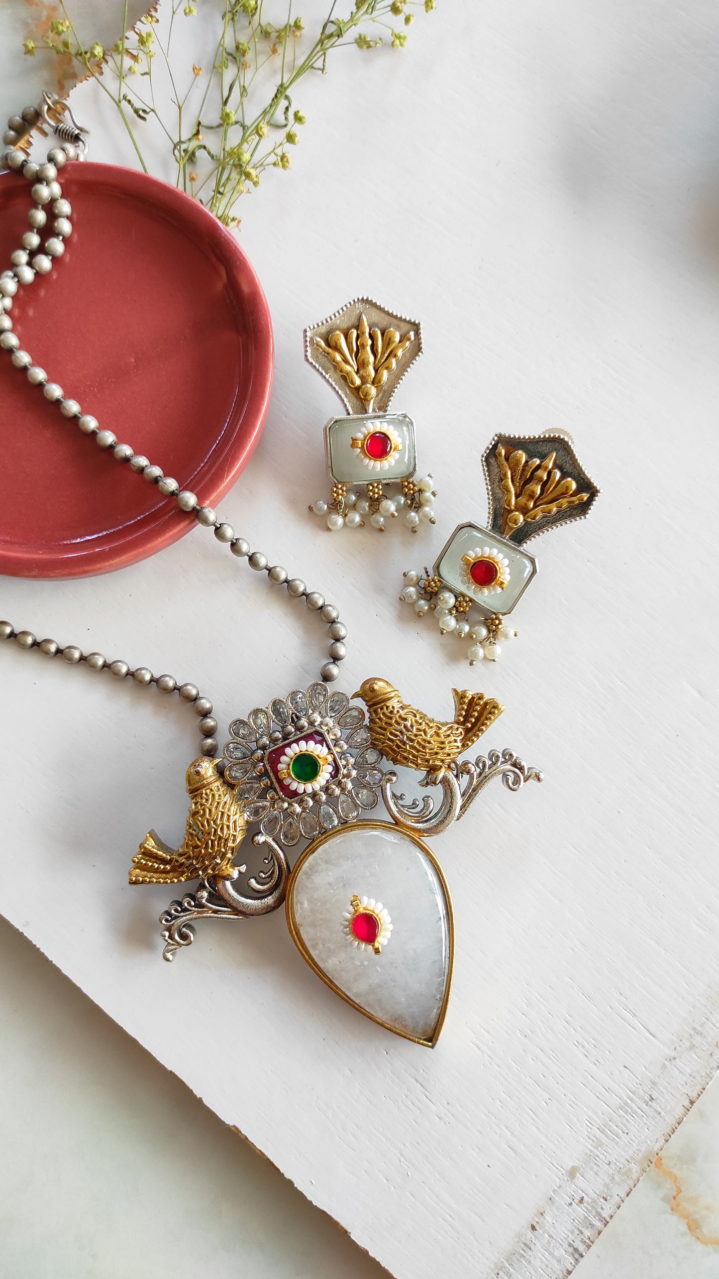 Megha white dual tone long necklace set