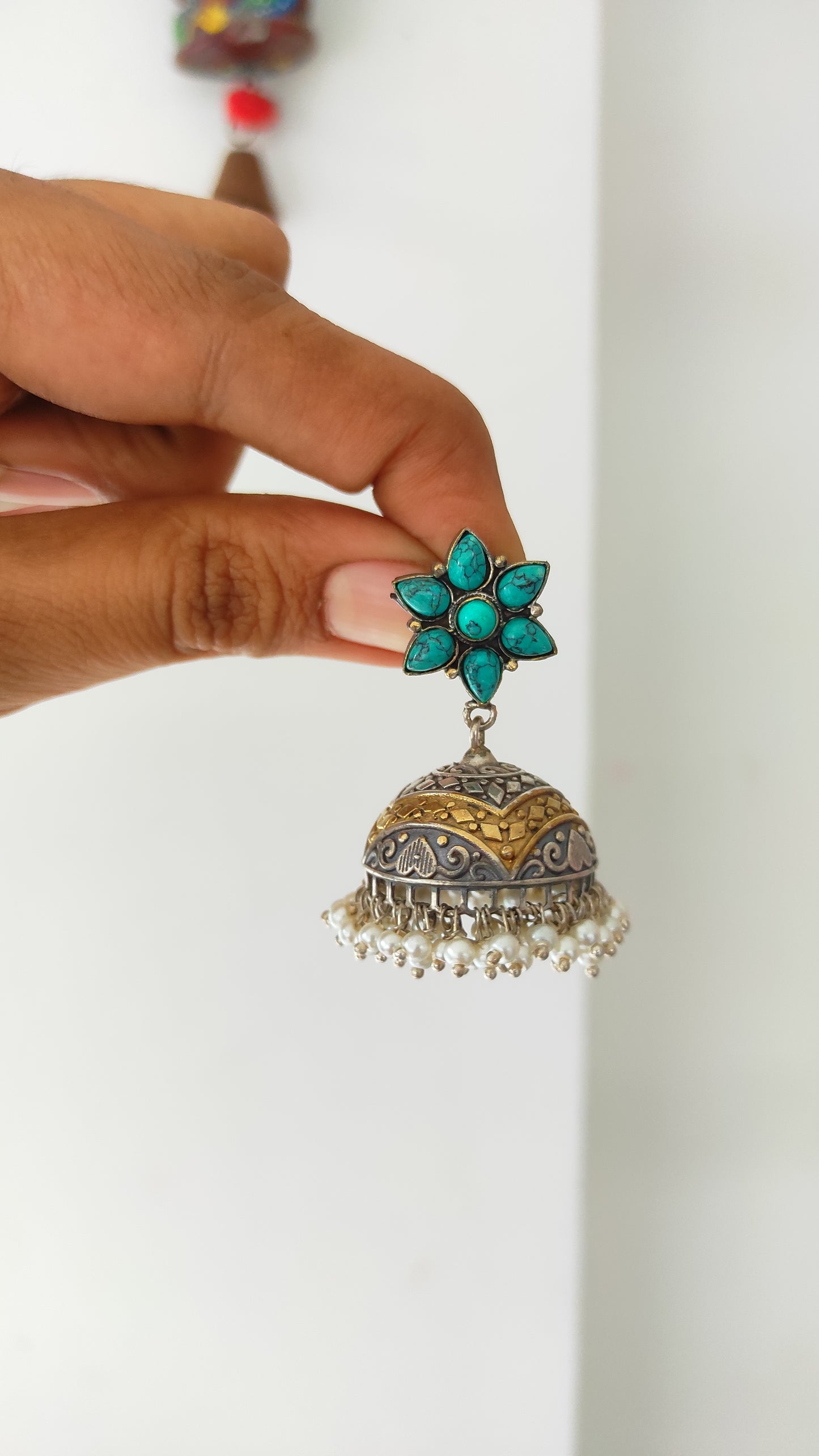 Turquoise floral dualtone jhumka