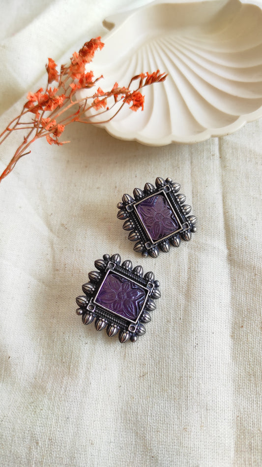Purple square antique silver studs earrings
